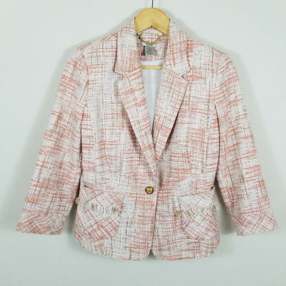Cache Women's Tweed Blazer Jacket Beige/Pink/Orange 3/4 Sleeve Sz 6 EUC - Picture 1 of 8